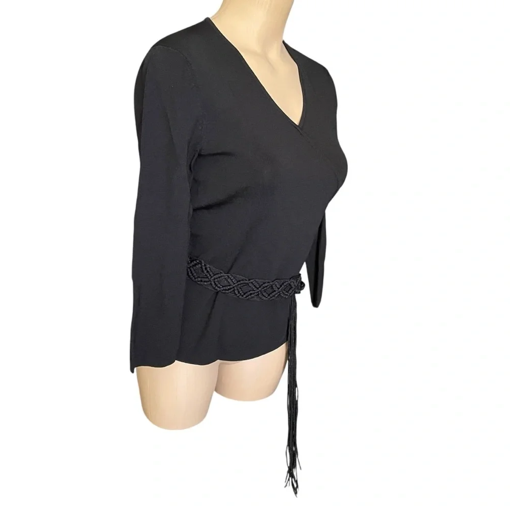 CABLE & GAUGE Knit Top Vintage V-Neck 3/4 Sleeves Attached Braided Belt Medium